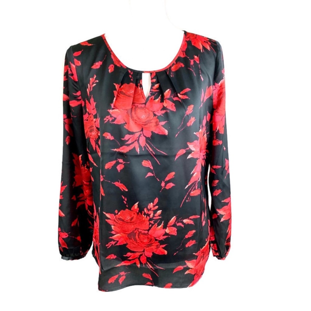 TALBOTS Black Red Floral Long Sleeve Blouse - Picture 1 of 3